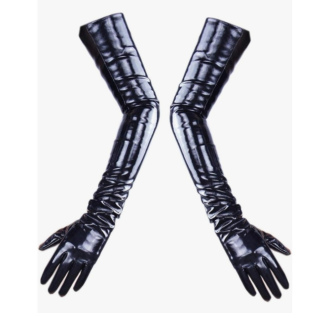 NWOT LATEX LONG GLOVES Shine Leather Faux Patent PU 24" 60cm Opera Evening Black